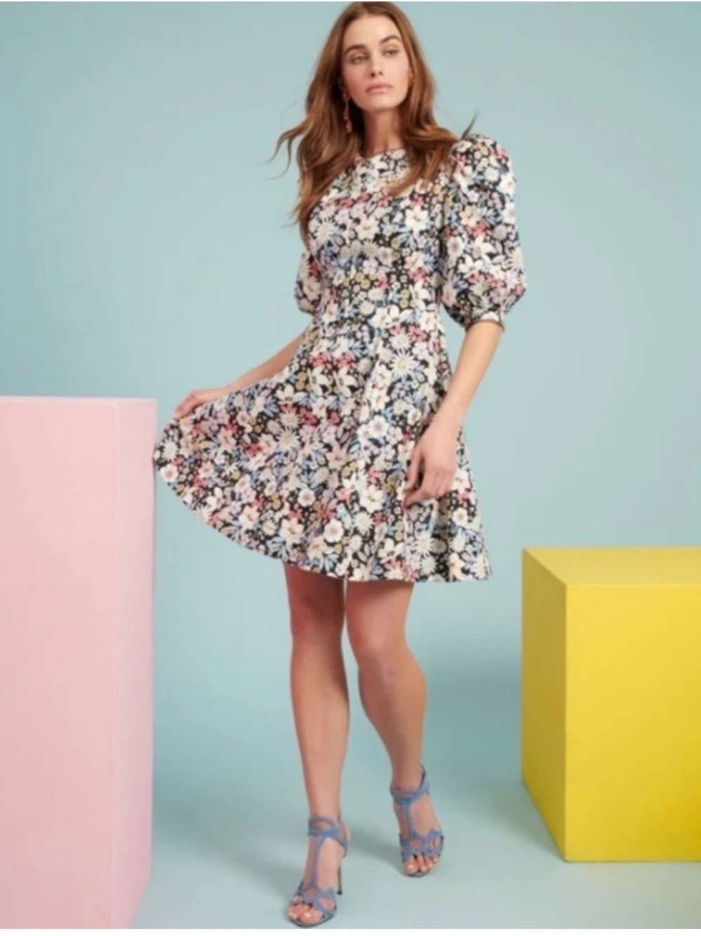 Rachel Parcell Floral Puff-Sleeve Mini Dress in Black, White, Pink & Blue